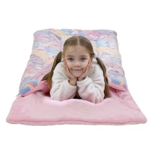 Sleeping Bag for Kids with Pillow Pocket, Toddler Nap Mat 63" x 30" Toddler Slumber Bag Glow in The Dark Blanket Fluffy with Padded Mat for Boys, Girls, Daycare, Preschool, Sleepover, Rainbow Unicorn