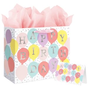 13" large happy birthday gift bag with tissue paper and card for girls kids women birthday (colourful balloon)