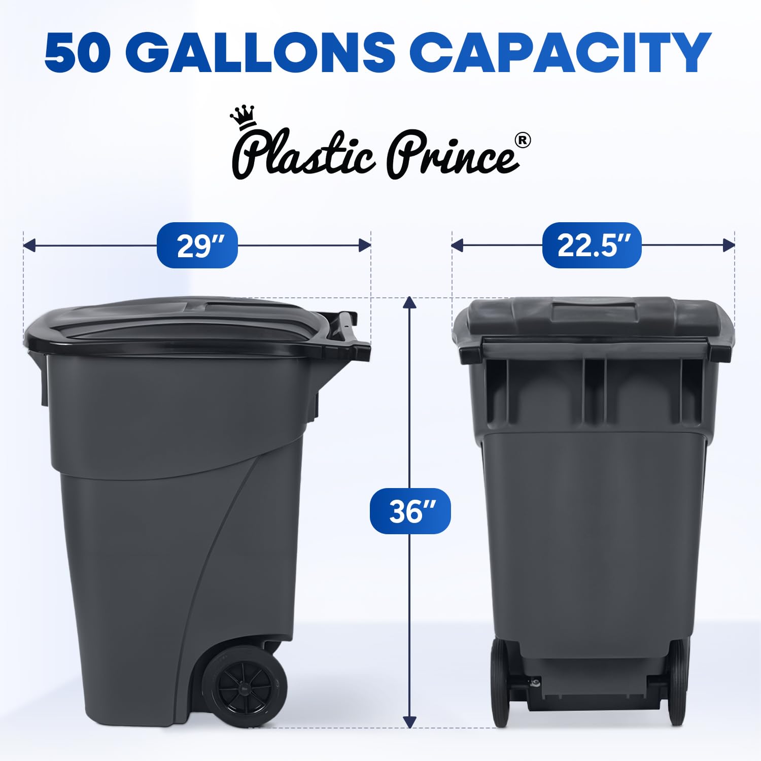 PLASTIC PRINCE 50 Gallon Rollout Trash Can with Lid, Commercial Heavy-Duty Whelled Outdoor Garbage Can, Gray