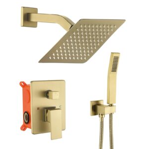 joywell shower faucet brushed gold shower fixtures 8 inches rain shower and handheld shower combo set,2-function shower system included shower trim kit