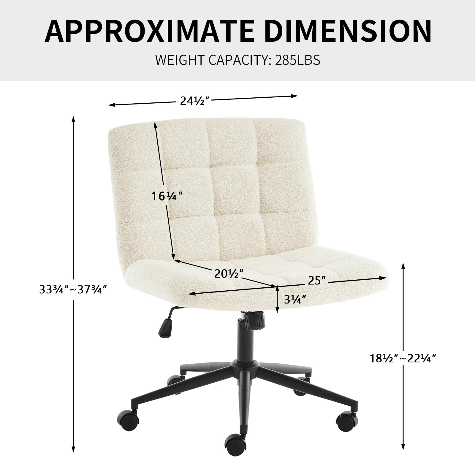 Furnimart Swivel Criss Cross Legged Chair with Wheels for Home Office, Wide Armless Desk Chair Height Adjustable Comfy Seat for Desk,Vanity, Bedroom, Faux Fur White