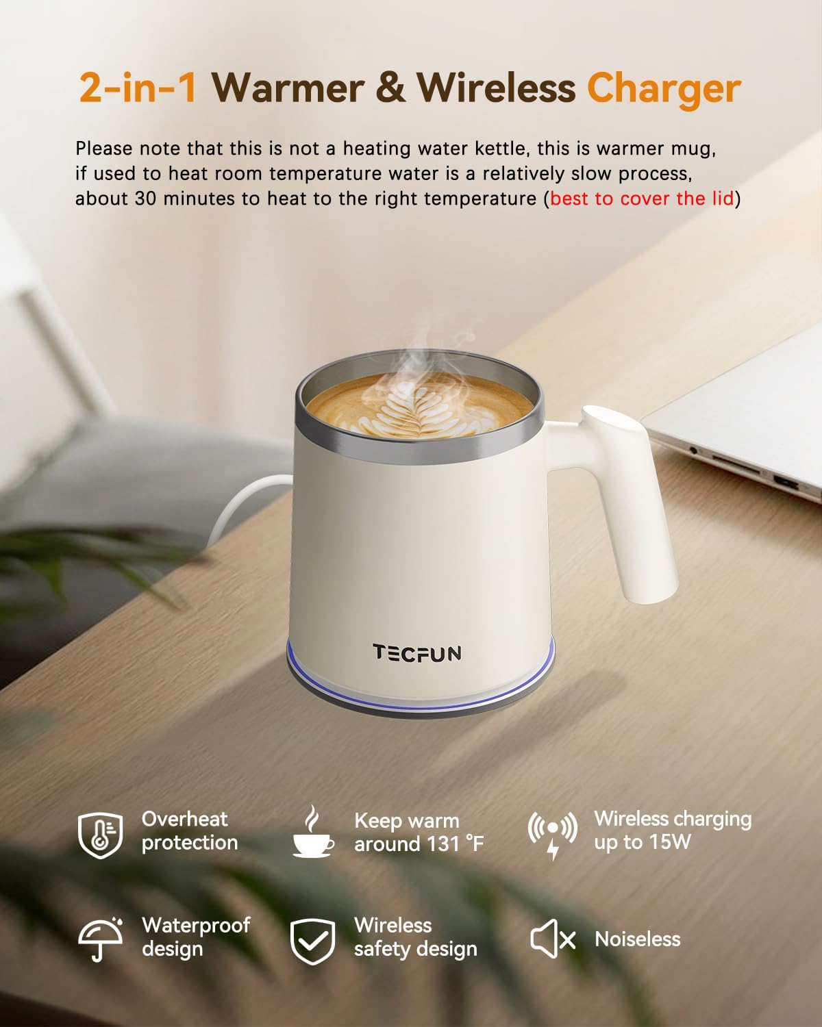 TECFUN Coffee Mug Warmer, [2024 new Wireless Heating Tech][0 Fire Risk][2 In 1 Mug Warmer & Wireless Charger] 12oz Mug with Lid, Coffee Warmer for Desk, Tea Cup Warmer, Gifts for her/him