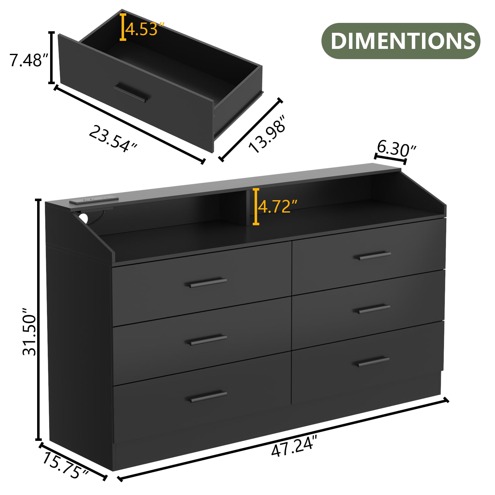 Gyfimoie 6 Drawer Dresser with Power Outlet, Chest of Drawers with LED Light, Modern Dresser with Open Storage Cubby, Double Wide Dresser Organizer for Bedroom, Living Room, Entryway, Hallway