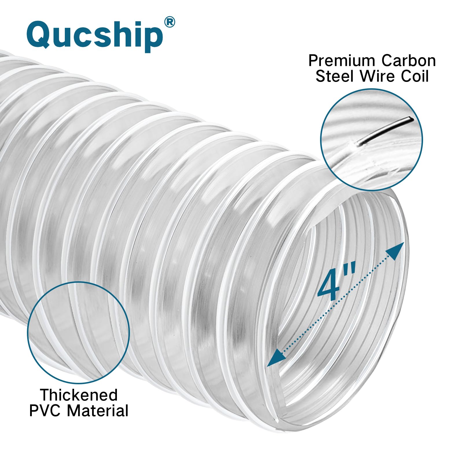 Heavy PVC Dust Collection Hose 4" x 10', Puncture Resistant PVC Dust Collection Hose with Carbon Steel Wire Coil, Flexible Clear PVC Fume Collection Hose for Dust Collectors