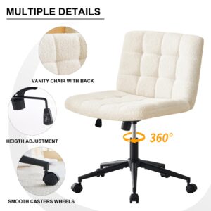 Furnimart Swivel Criss Cross Legged Chair with Wheels for Home Office, Wide Armless Desk Chair Height Adjustable Comfy Seat for Desk,Vanity, Bedroom, Faux Fur White