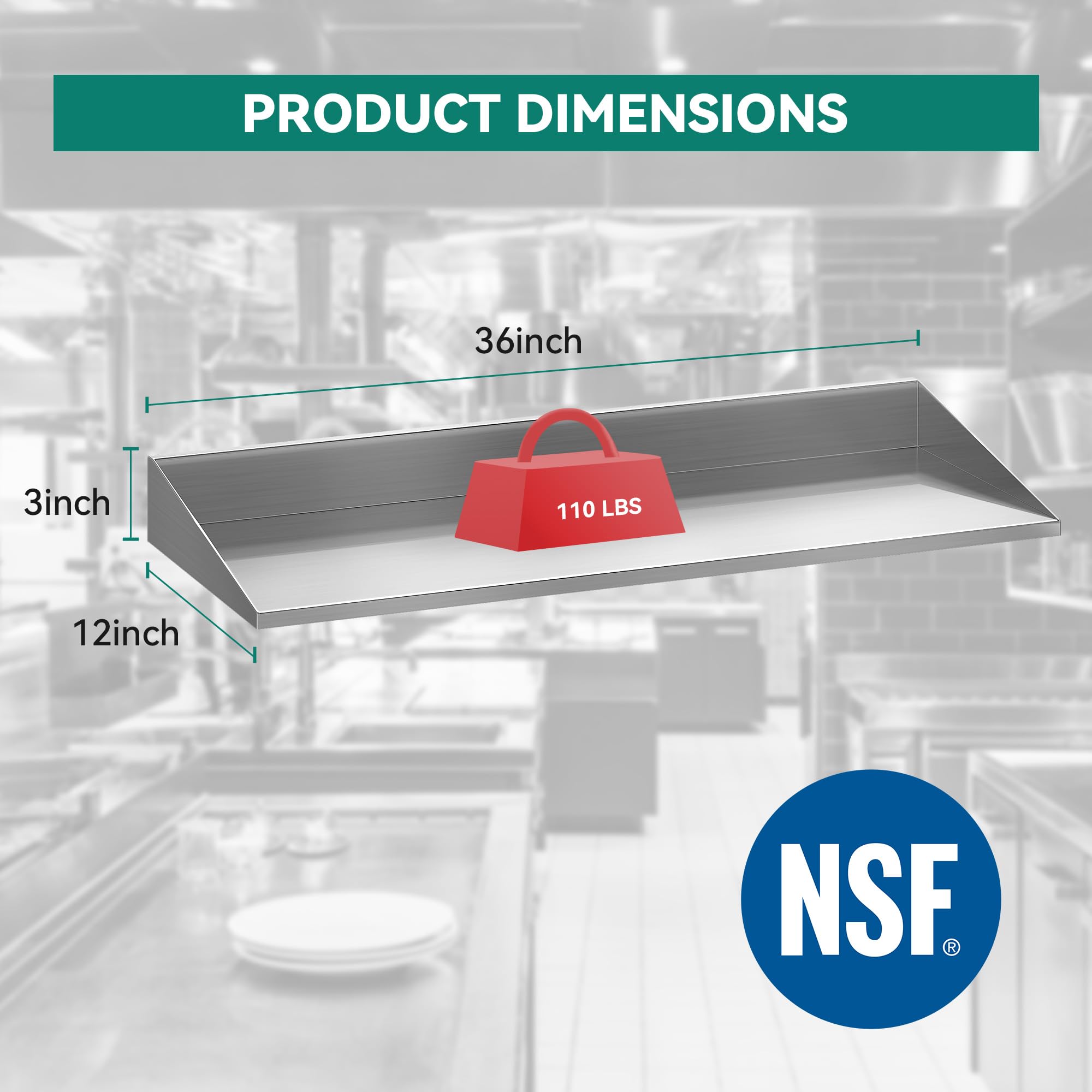 YITAHOME Stainless Steel Shelf 12 x 36 Inches, Wall Mount Metal Floating Shelves with Transparent Silicone Mat, NSF Commercial Kitchen Shelving Rack for Storage, Restaurant, Home, Hotel, Garage