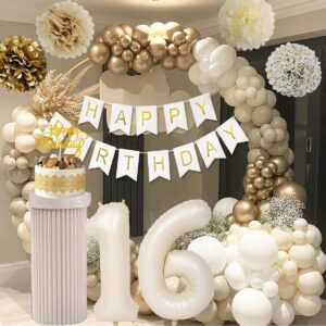 Sweet 16 Birthday Decorations, White and Gold 16th Birthday Decorations for Girls Boy 16th Happy Birthday Banner Tablecloth Fringe Curtain Cake Topper Paper Pom Poms for Girl Boys Sweet 16 Party Decor