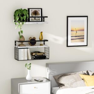 TARGETHOBBY HOBBYMATE Floating Shelves, Wall Mount Storage & Organizer Shelf with Metal Basket and Guardrail, Wall Decor Display Shelves - Rustic White