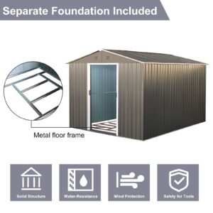 10x8FT Outdoor Metal Storage Shed with Floor Frame, UV Resistant Waterproofs Steel Garden Shed, Tool Storage Shed with Sloping Roof and Lockable Door for Backyard, Patio and Lawn (Grey)