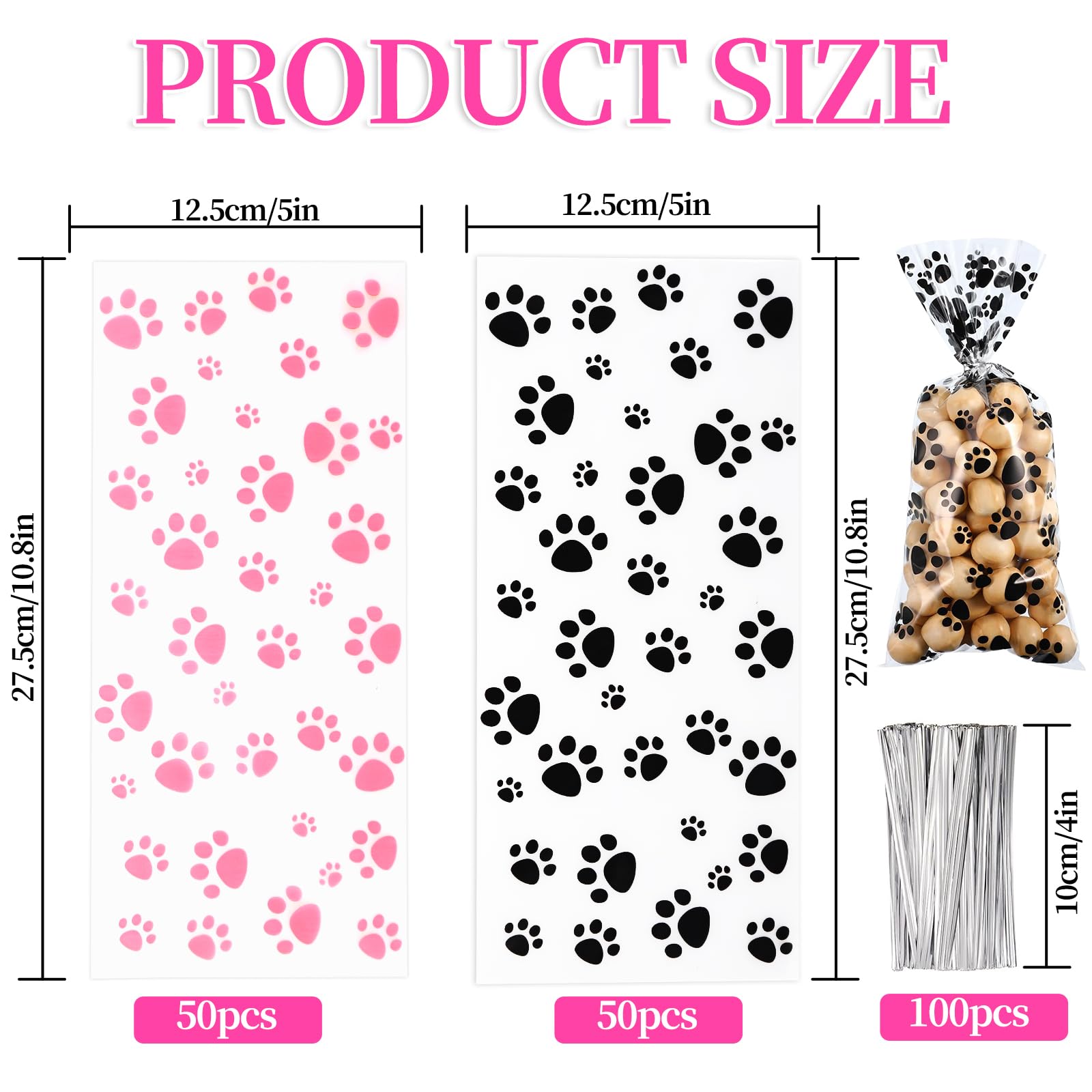 BLMHTWO 100Pcs Pet Paw Print Treat Bags, Dog Treat Bags Cellophane Treat Bags Paw Print Goodie Bags with 100 Silver Twist Ties for Pet Birthday Party Favor (50Pcs Balck & 50Pcs Pink)