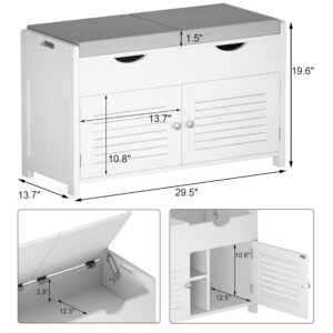 ChooChoo Shoe Storage Bench with Lift Top Storage, Entryway Bench with 2 Cushioned Seats, 3 Compartments, Adjustable Shelf, Shoe Cabinet with Hidden Storage for Entryway, Bedroom, Living Room, White