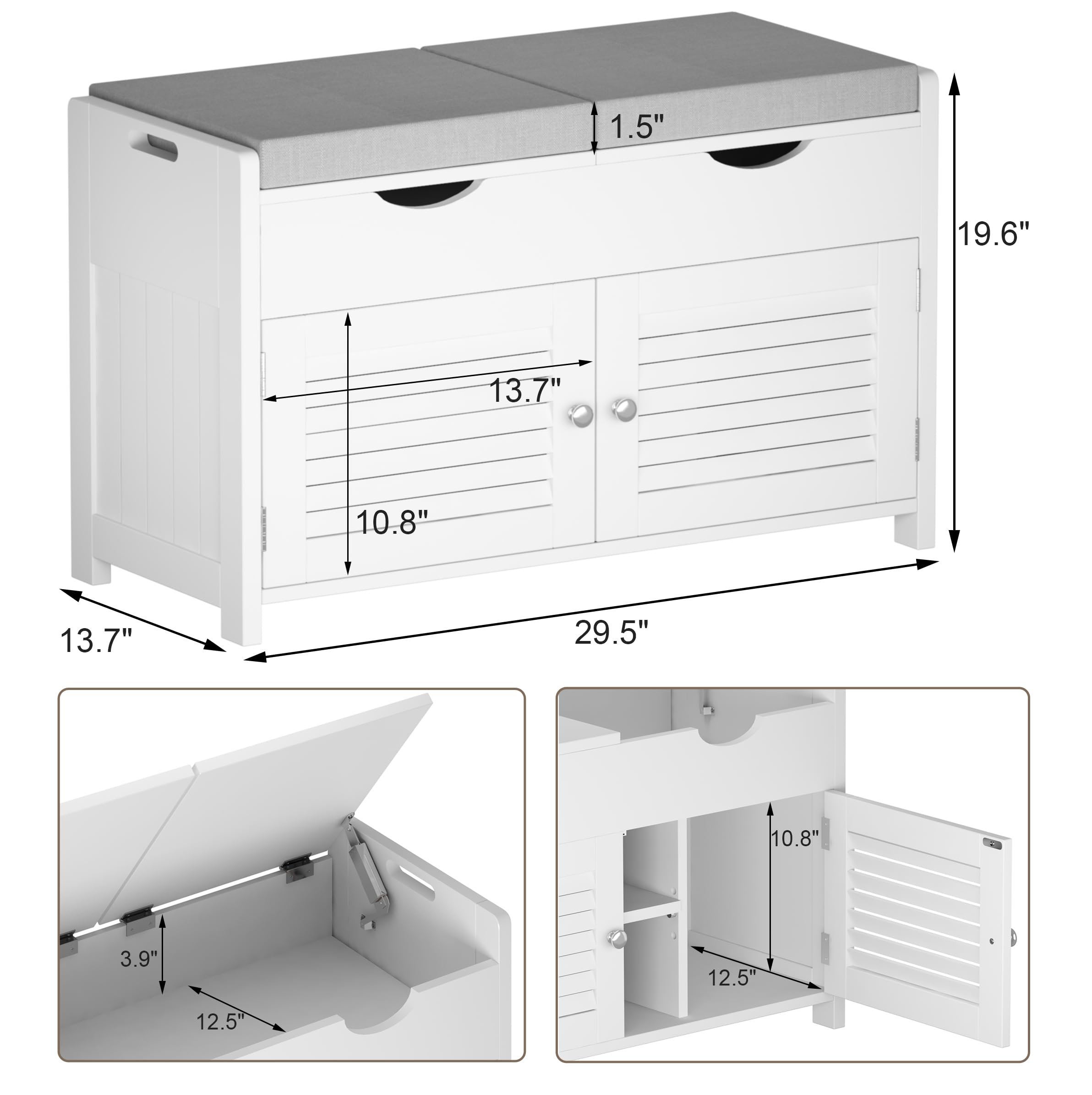 ChooChoo Shoe Storage Bench with Lift Top Storage, Entryway Bench with 2 Cushioned Seats, 3 Compartments, Adjustable Shelf, Shoe Cabinet with Hidden Storage for Entryway, Bedroom, Living Room, White