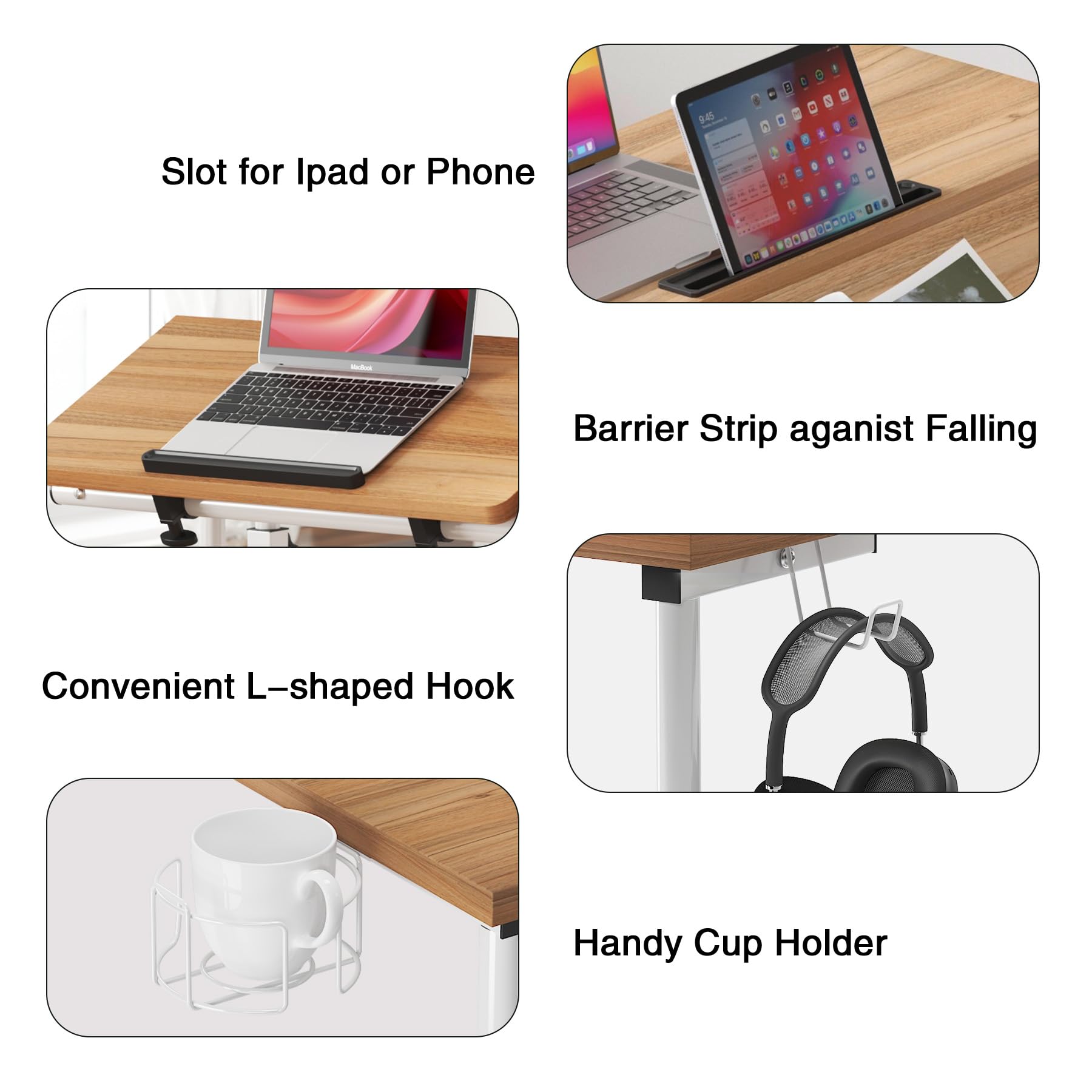 soges Rolling Standing Desk, Height Adjustable Home Office Desk, Mobile Sit-Stand Laptop Desk with Cup Holder and Hook, Portable Desk with Wheels, Oak