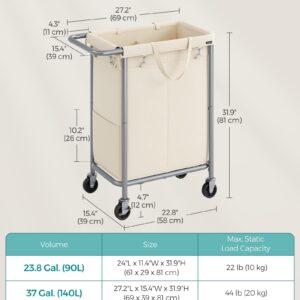 SONGMICS Laundry Basket with Wheels, 2-Section Rolling Laundry Hamper, 37 Gallons (140L), Removable Liner, Steel Frame with Handle, Blanket Storage, 27.2 x 15.4 x 31.9 Inches, Cream White URLS004W01