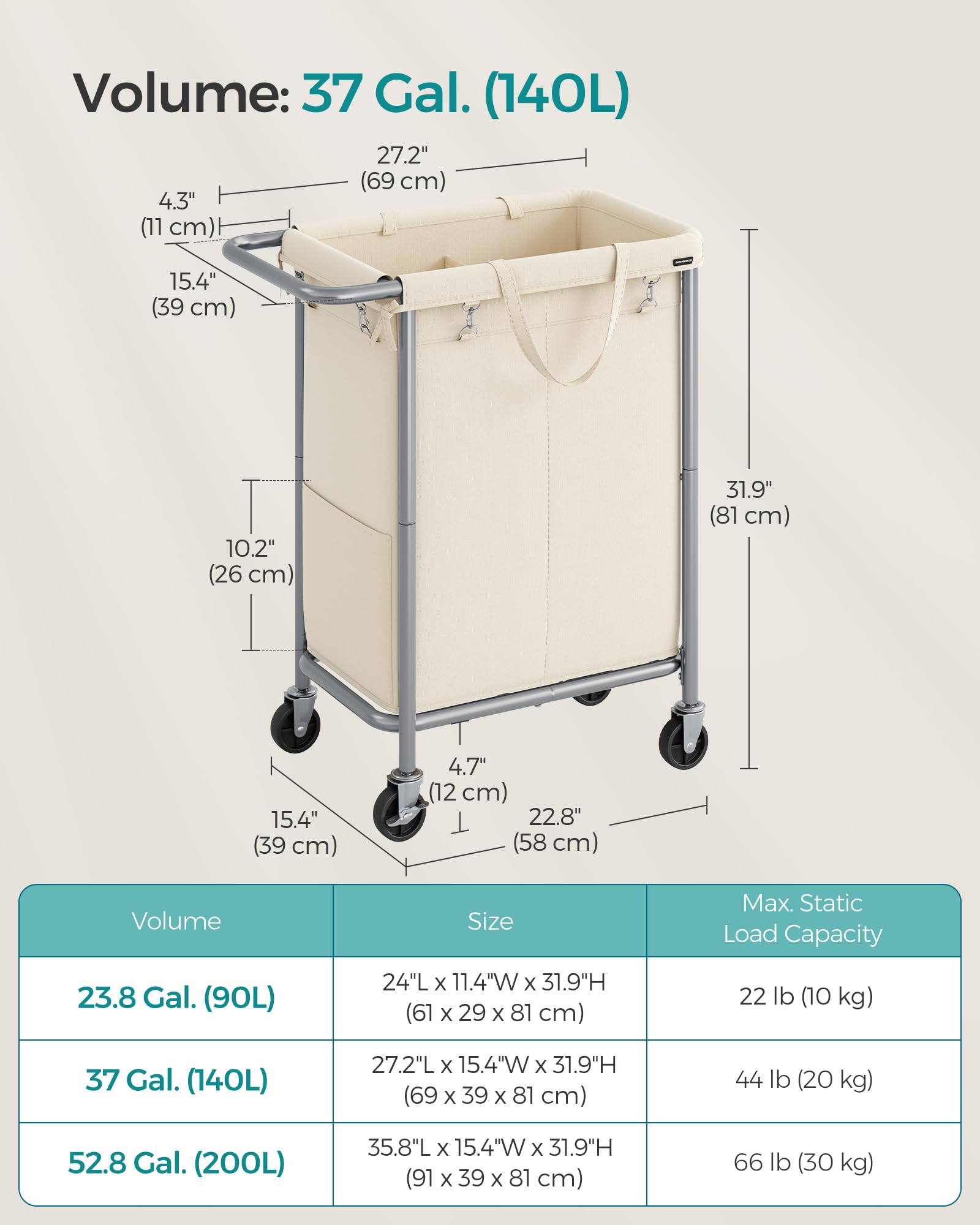 SONGMICS Laundry Basket with Wheels, 2-Section Rolling Laundry Hamper, 37 Gallons (140L), Removable Liner, Steel Frame with Handle, Blanket Storage, 27.2 x 15.4 x 31.9 Inches, Cream White URLS004W01