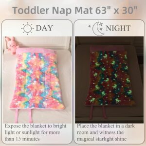 Sleeping Bag for Kids with Pillow Pocket, Toddler Nap Mat 63" x 30" Slumber Bag Glow in The Dark Blanket Fluffy with Padded Mat for Boys, Girls, Daycare, Preschool, Sleepover,Unicorn