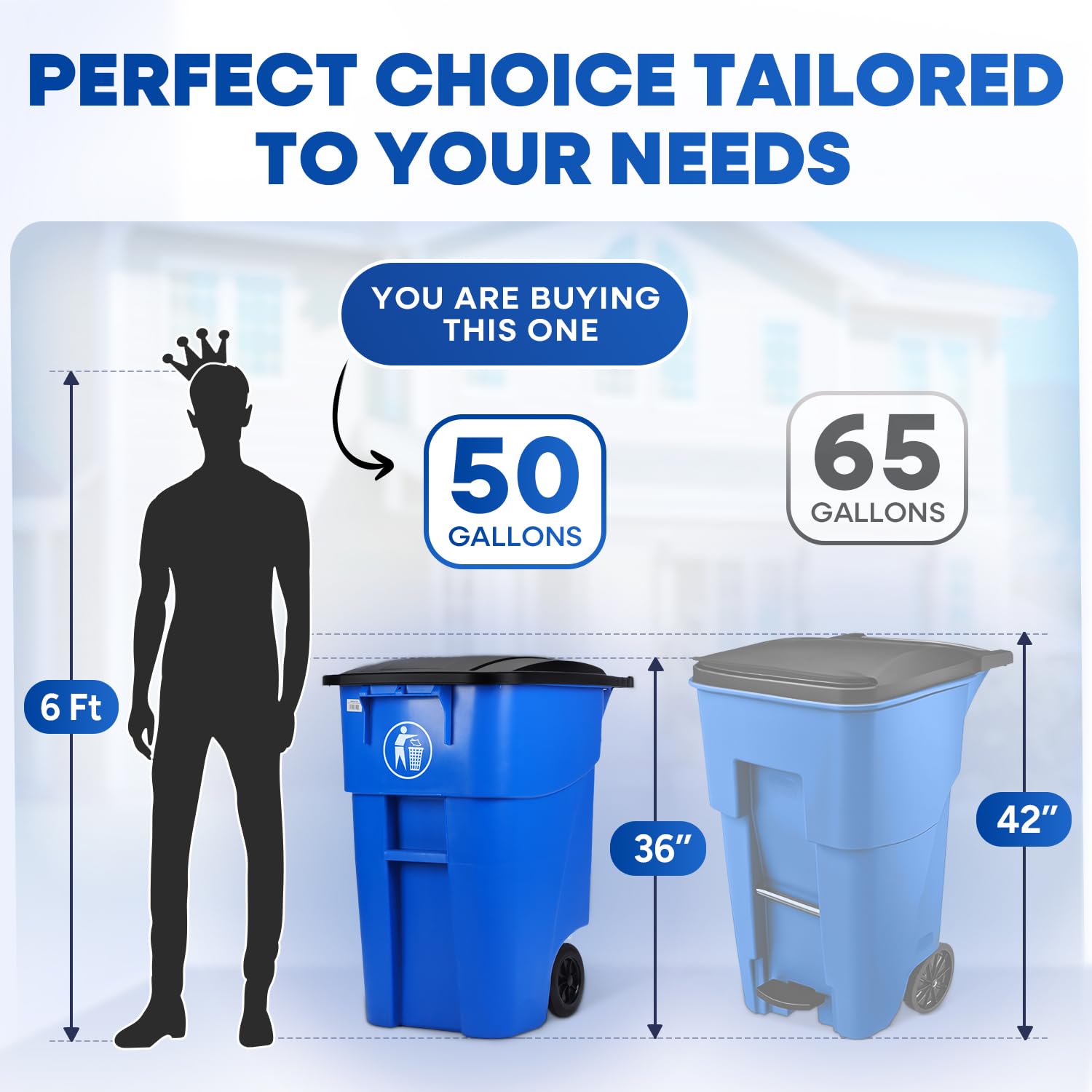 PLASTIC PRINCE 50-Gallon Recycle Rollout Trash Can with Lid, Commercial Heavy-Duty Whelled Outdoor Garbage Can, Blue