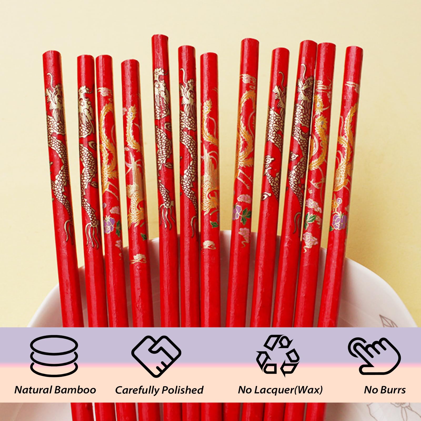 10 Pairs Bamboo Chopsticks Reusable For Wedding Party Ceremony, 24cm/9.45inch Chinese Natural Non-slip Chopsticks Dishwasher Safe, Lightweight Chopstick Set, "双喜”