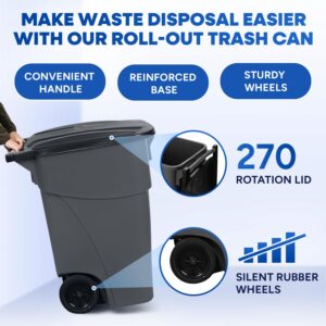 PLASTIC PRINCE 50 Gallon Rollout Trash Can with Lid, Commercial Heavy-Duty Whelled Outdoor Garbage Can, Gray