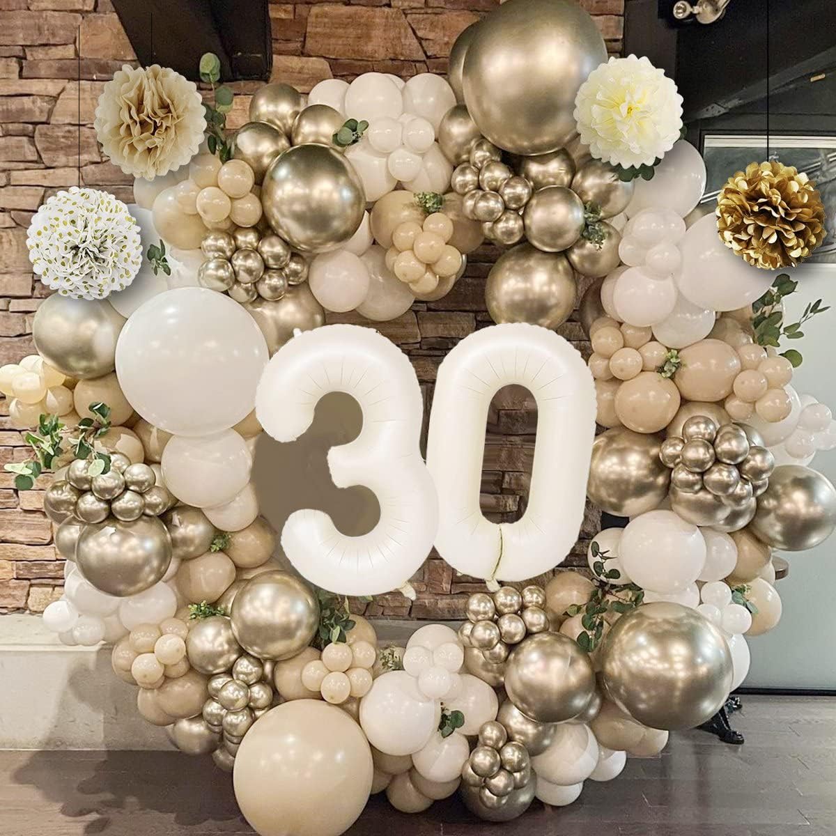 30th Birthday Decorations for Her, Gold Happy 30th Birthday Decorations White and Gold Balloons Happy Birthday Banner Tablecloth Fringe Curtain Cake Topper Paper Pom Poms Talk Thirty to Me Birthday