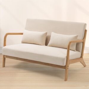 Zacis Loveseat Sofa 2 Seater Linen Fabric Love Seat Couch Modern Solid Wood Frame Sofa with 2 Waist Cushions for Small Space Office Living Room Bedroom, Beige