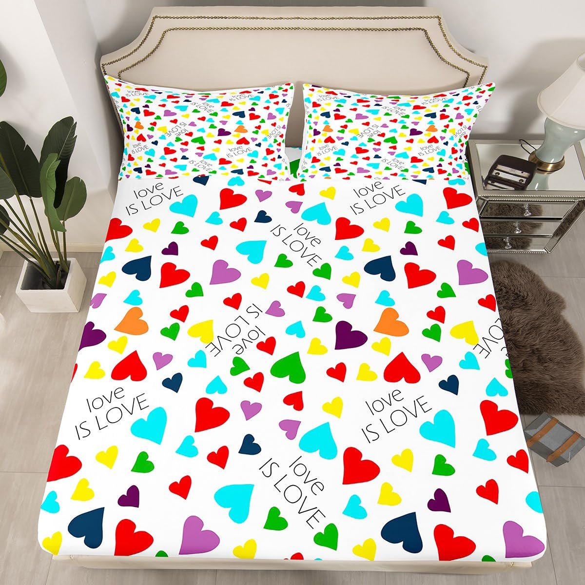 jejeloiu Kids Heart Love Sheet Set King Size Geometric Love Pattern Bed Sheets Set Romantic Sheets with Deep Pocket Fitted Sheet Valentine's Day Colorful Bedding Set with 2 Pillow Case