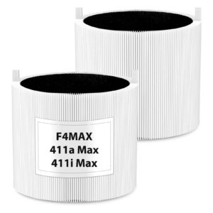 2 pack blue pure 411i max 411a max f4max replacement filter compatible with blueair blue pure 411i max 411a max air cleaner. for blue pure f4max filter. 3-in-1 true hepa filter activated carbon filter