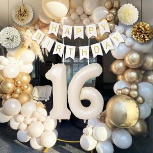 Sweet 16 Birthday Decorations, White and Gold 16th Birthday Decorations for Girls Boy 16th Happy Birthday Banner Tablecloth Fringe Curtain Cake Topper Paper Pom Poms for Girl Boys Sweet 16 Party Decor