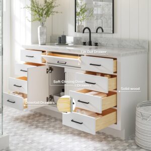 ARIEL 67" White Bathroom Vanity, 1.5" Edge Italian Carrara Marble Countertop & Splash, Single Rectangular Sink, 2 Soft Closing Doors, 9 Full Extension Dovetail Drawers, Toe Kick, Matte Black