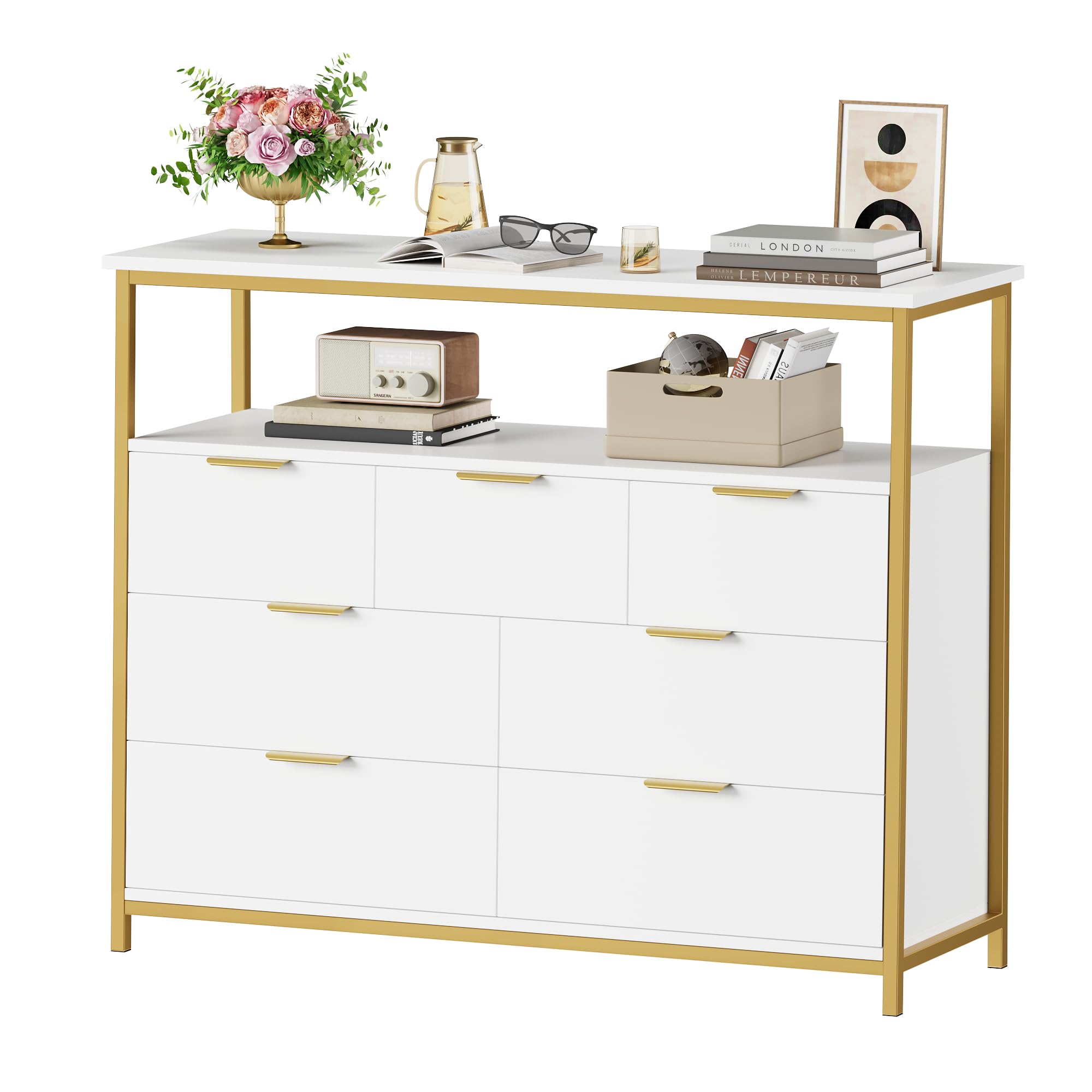 FACBOTALL Modern 7 Drawer Dresser, White Dresser with Metal Handles, White and Gold Dresser, Tall Dresser Chest of Drawers, Large Capacity Chest Storage Organizer for Living Room, Entryway, White.