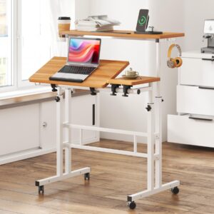 soges rolling standing desk, height adjustable home office desk, mobile sit-stand laptop desk with cup holder and hook, portable desk with wheels, oak