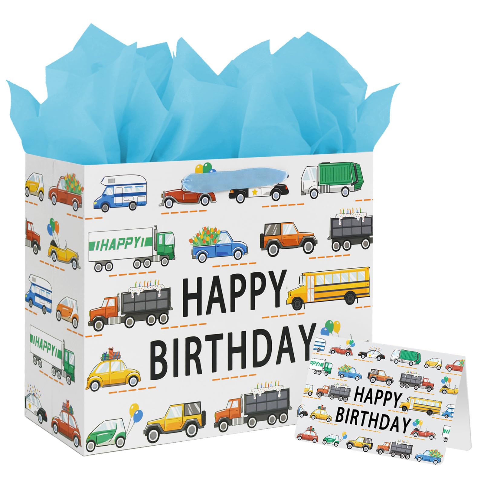 13" Large Car Happy Birthday Gift Bag for Baby Boy Kids with Tissue Paper and Card (Vehicle)