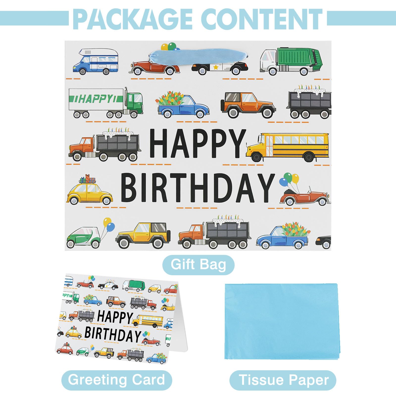 13" Large Car Happy Birthday Gift Bag for Baby Boy Kids with Tissue Paper and Card (Vehicle)