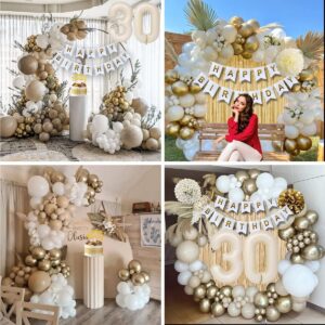 30th Birthday Decorations for Her, Gold Happy 30th Birthday Decorations White and Gold Balloons Happy Birthday Banner Tablecloth Fringe Curtain Cake Topper Paper Pom Poms Talk Thirty to Me Birthday