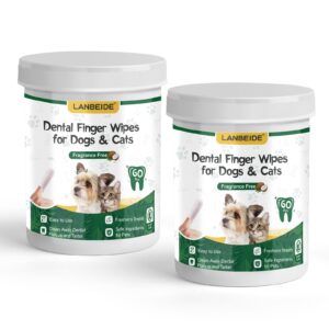 lanbeide teeth cleaning wipes for dogs & cats 120 counts, pet dental care finger wipes for reducing plaque & tartar, breath freshener dental and gum care finger pet wipes, no hard toothbrush