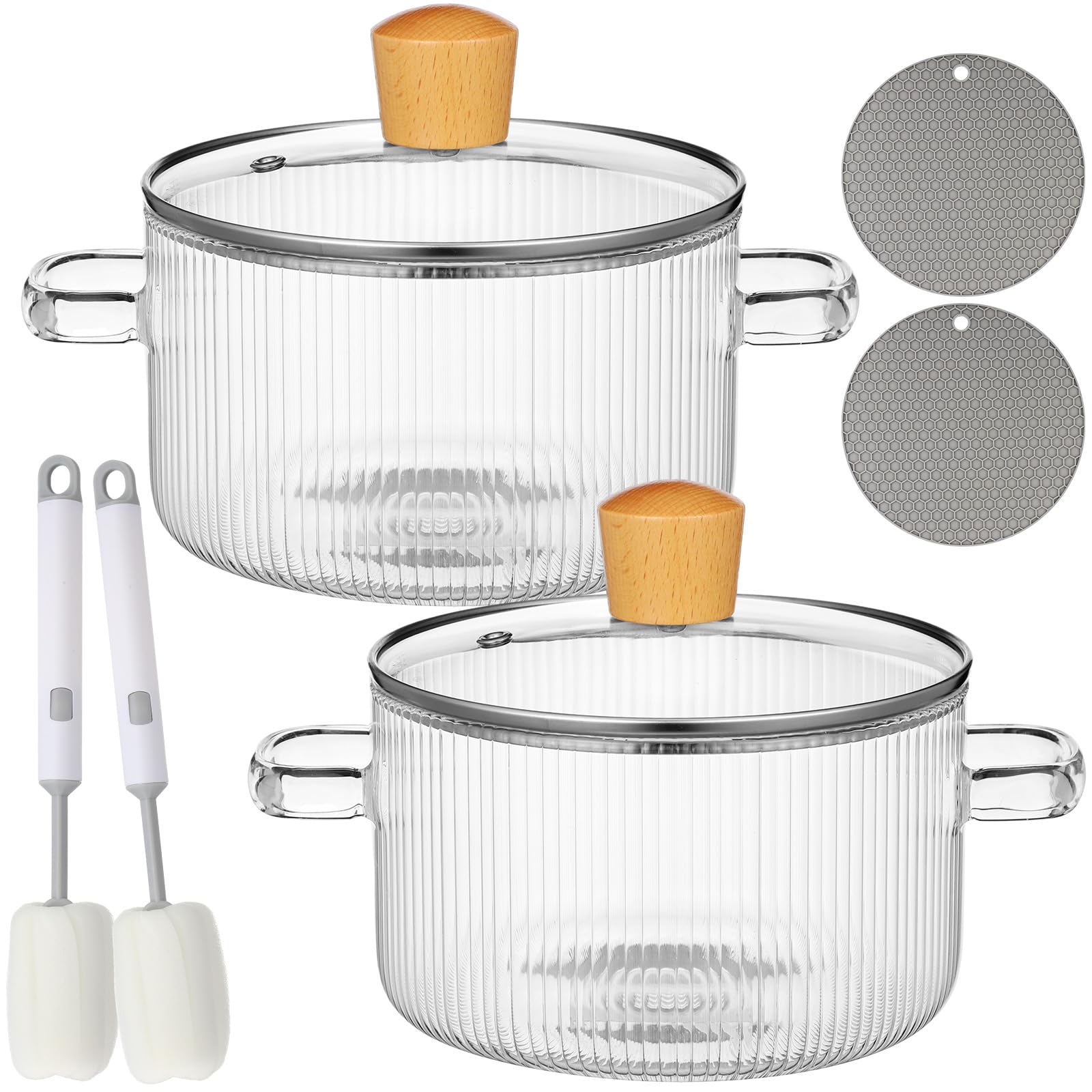 Tioncy 2 Pcs Clear Glass Pots for Cooking on Stove 1.3 L 44 oz Glass Saucepan with Lid Handle Simmer Pot Handmade Cookware Borosilicate Glass Cooking Pot with Brushes and Silicone Mats (Ribbed)