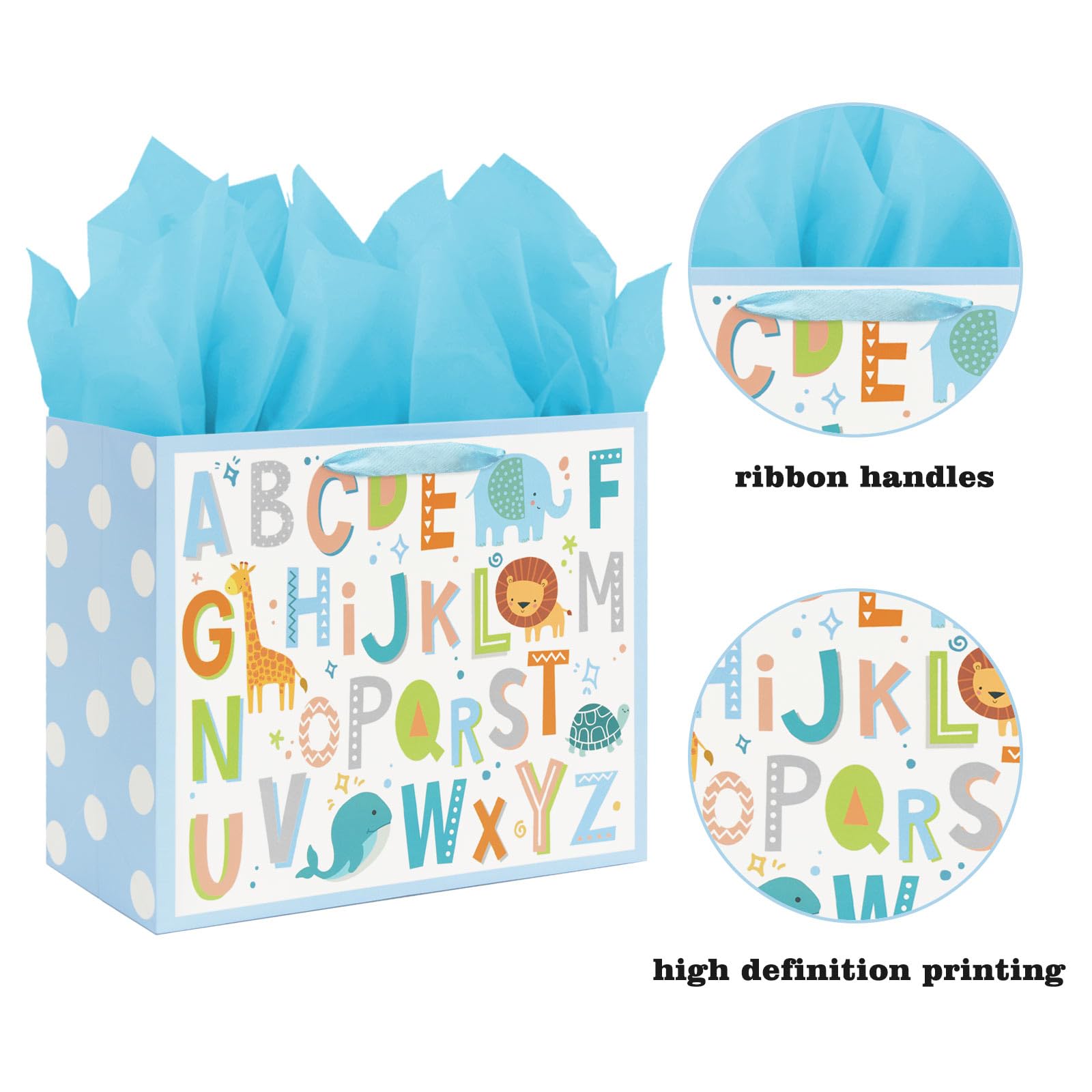 13" Large Baby Boy Gift Bag with Tissue Paper and Greeting Card for Baby Shower Birthday (ABC Alphabet Animal)