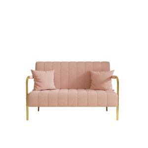 Mbolyeer Modern Bouclé Loveseat Sofa: 60" Mid Century 2 Seater Teddy Velvet Couch- Comfy Upholstered Sofa Couch with 2 Pillows - Gold Metal Legs - Small Spaces Apartment Office Bedroom (Pink)