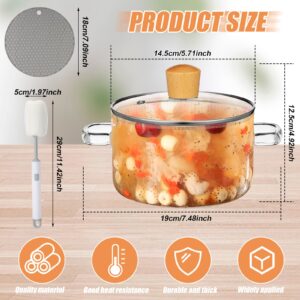 Tioncy 2 Pcs Clear Glass Pots for Cooking on Stove 1.3 L 44 oz Glass Saucepan with Lid Handle Simmer Pot Handmade Cookware Borosilicate Glass Cooking Pot with Brushes and Silicone Mats (Ribbed)