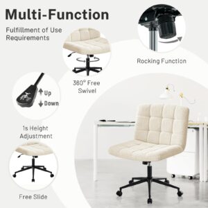 Furniliving Wide Desk Chair, Faux Fur Upholstered Office Chair with Wheels, Adjustable Accent Chair with Thicken Seat, Computer Chair for Living Room, Study Room, Home Office, IvoryWhite