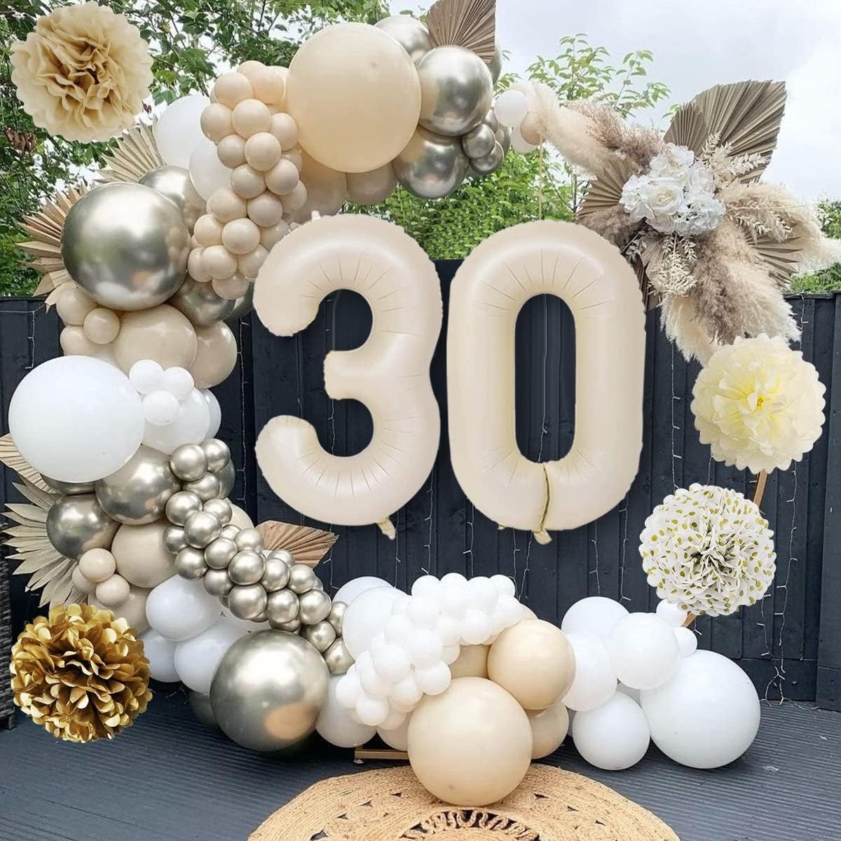 30th Birthday Decorations for Her, Gold Happy 30th Birthday Decorations White and Gold Balloons Happy Birthday Banner Tablecloth Fringe Curtain Cake Topper Paper Pom Poms Talk Thirty to Me Birthday