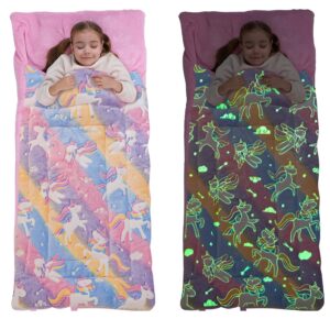 sleeping bag for kids with pillow pocket, toddler nap mat 63" x 30" toddler slumber bag glow in the dark blanket fluffy with padded mat for boys, girls, daycare, preschool, sleepover, rainbow unicorn