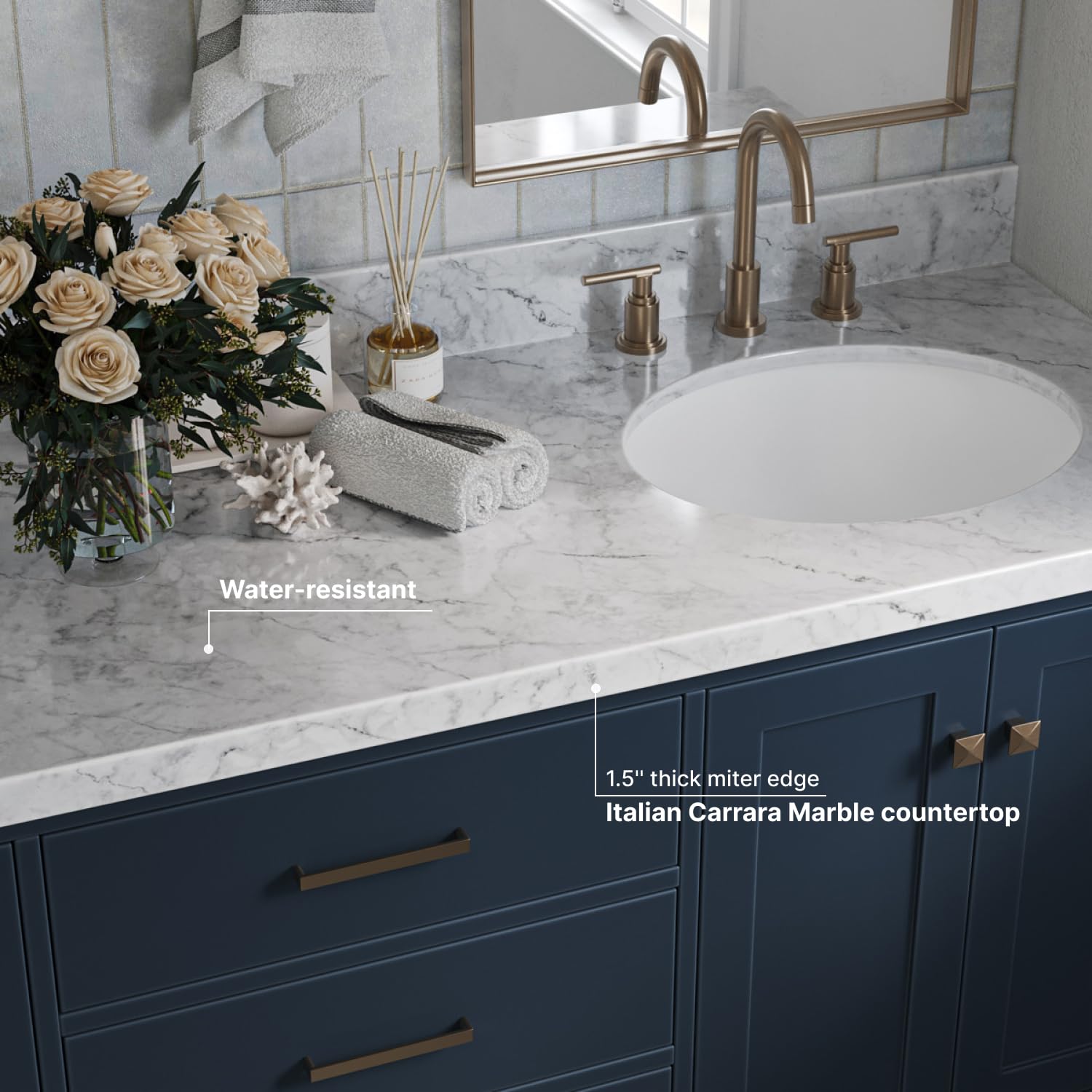 ARIEL 67" Midnight Blue Double Bathroom Vanity with 1.5" Edge Italian Carrara Marble Countertop & Splash, 2 Oval Sinks, 4 Soft Closing Doors, 6 Full Extension Dovetail Drawers, Satin Brass