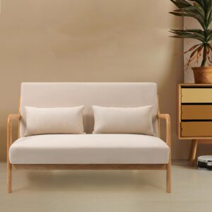 zacis loveseat sofa 2 seater linen fabric love seat couch modern solid wood frame sofa with 2 waist cushions for small space office living room bedroom, beige