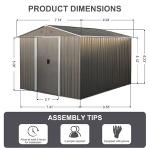 10x8FT Outdoor Metal Storage Shed with Floor Frame, UV Resistant Waterproofs Steel Garden Shed, Tool Storage Shed with Sloping Roof and Lockable Door for Backyard, Patio and Lawn (Grey)