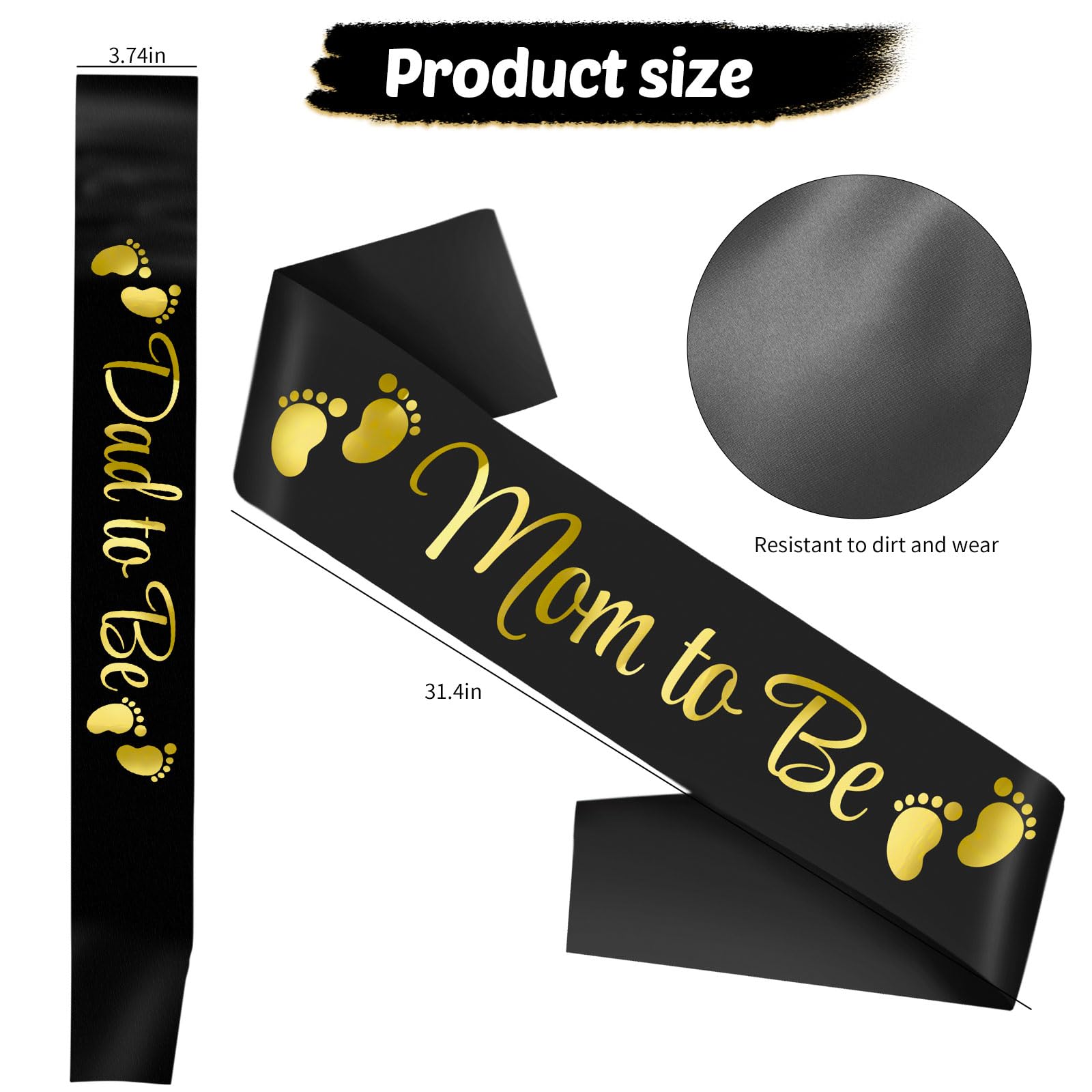 2pcs Mom to be and Dad to be Baby Shower Sash，Black Satin with Gold Letters Sash for New Mom Dad Baby Shower Party Gender Reveal Supplies Decorations