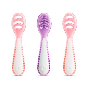 munchkin® gentle dip™ baby spoons for self feeding and baby led weaning, 3 pack, pink/purple