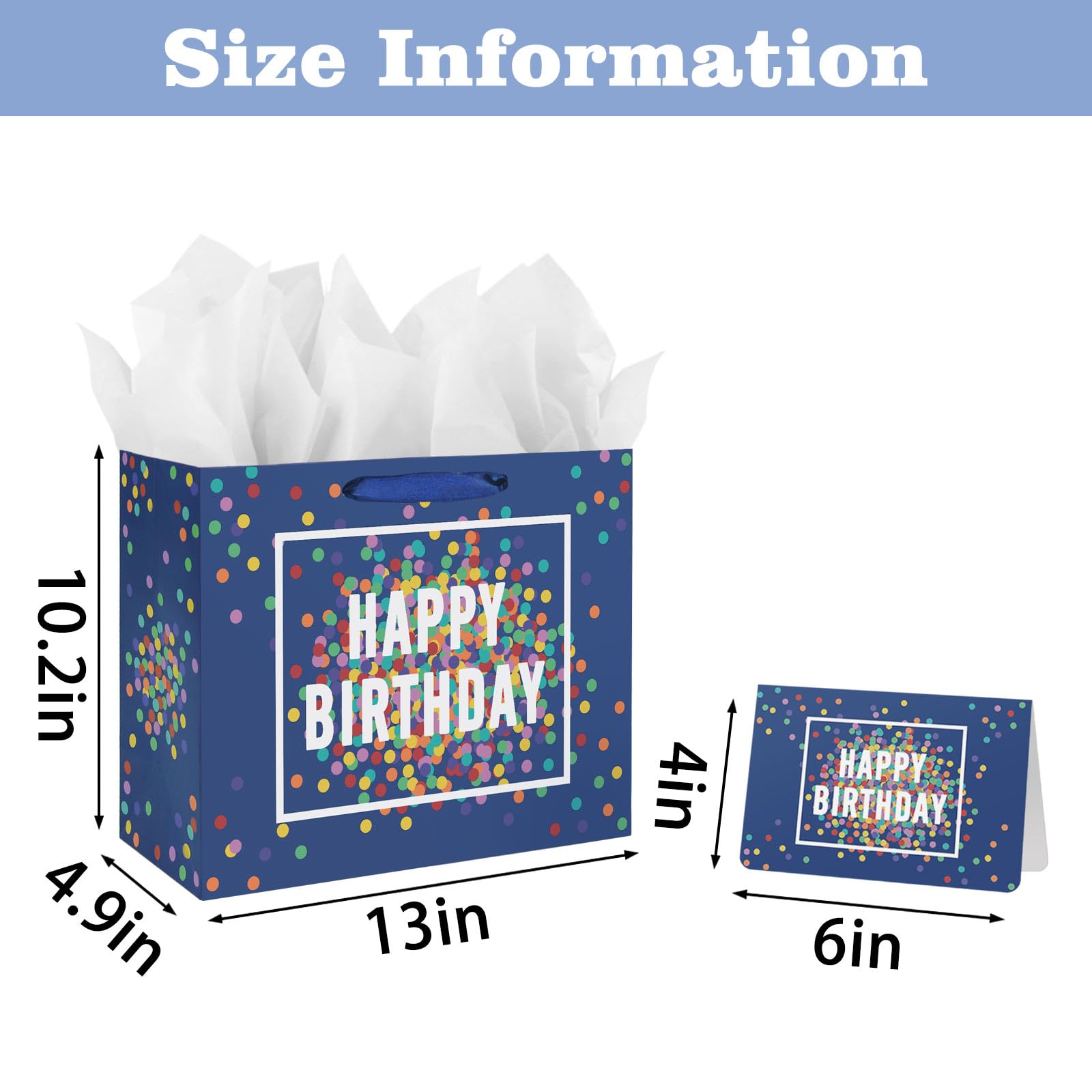 13" Large Happy Birthday Gift Bag Blue with Card and Tissue Papers for Men Boys Colorful Dots Design with Handles