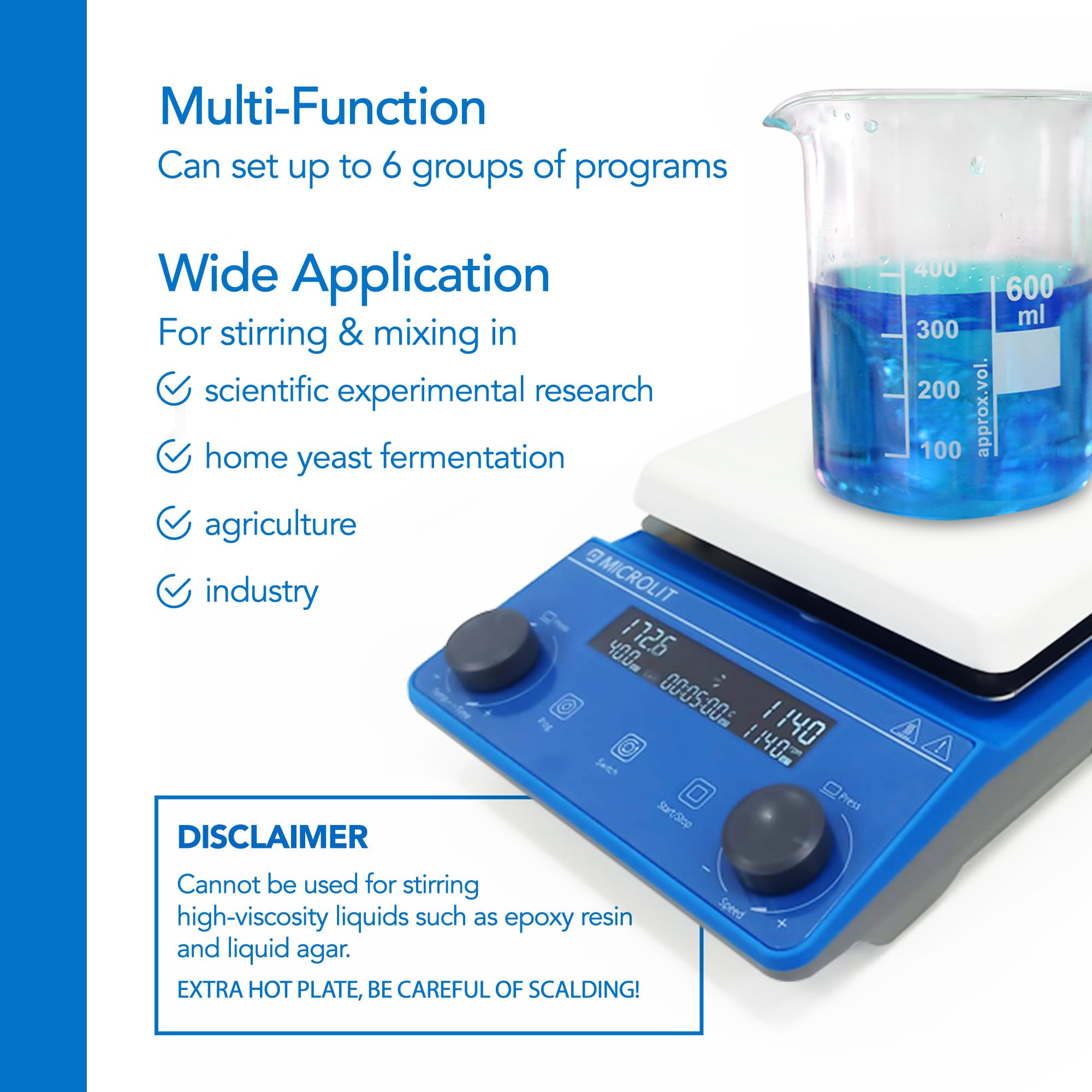 Microlit 5.9 in 300°C/572°F Digital Hotplate Magnetic Stirrer Hot Plate Ceramic Coated,100-1600rpm, Stand Stir Bar | Temp Probe Sensor Stir Bars Included Heated Stirring Plate with Memory Function