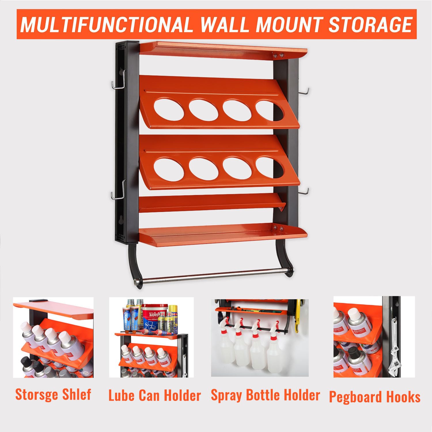 Wallmaster Spray Can Holder, Lube Can Wall Mount Storage Rack Heavy Duty Paint Bottle Organizer for Garage & Home | 8 Can Holes & 2 Shelf